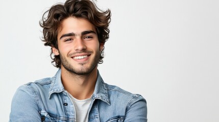 Obraz premium Smiling young man in casual beige t-shirt and glasses, quarter view,portrait with soft lighting