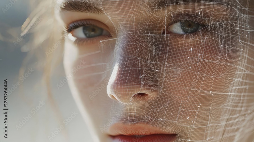 Poster advanced facial recognition technology scans a woman's face, creating a digital mesh for biometric a