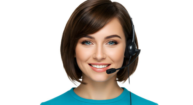 Smiling young female call center agent wearing headset, isolated on transparent background