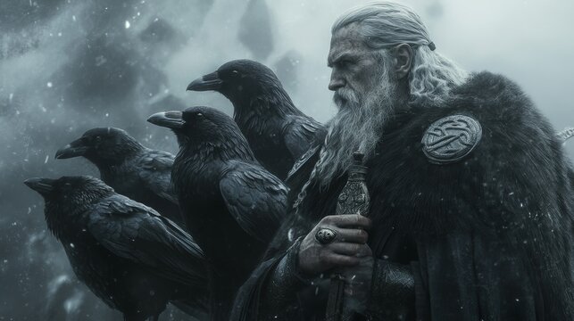 Nordic God Odin Wearing a Dark Cloak, Holding Gungnir, Accompanied by Ravens Huginn and Muninn in a Misty Valhalla