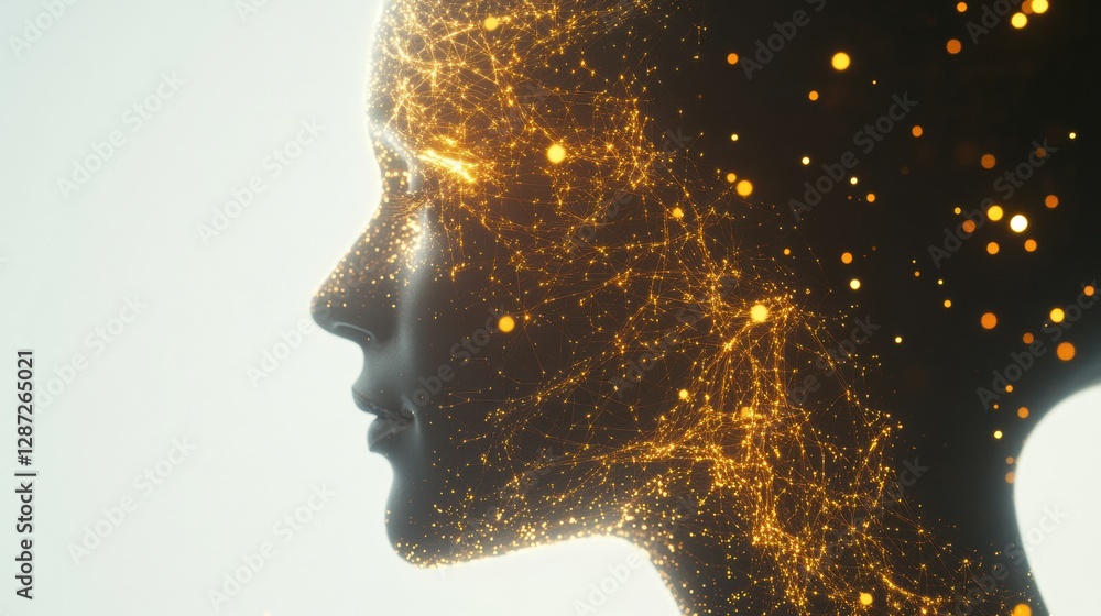 Poster Complex neural connections illustrate the evolution of artificial intelligence in a head profile with glowing synapses. Generative AI