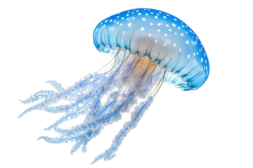 Floating jellyfish with a blue cap and spotted pattern in water. The image showcases the intricate details of the marine creature against a black background