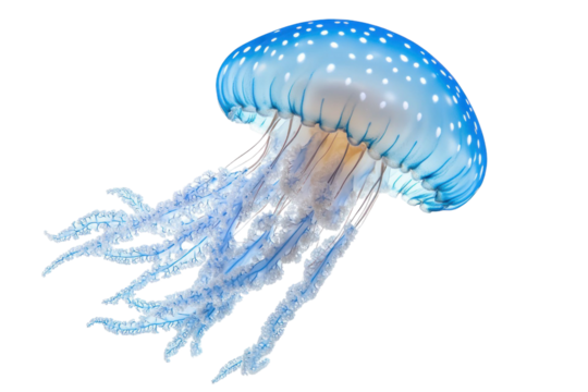 Floating jellyfish with a blue cap and spotted pattern in water. The image showcases the intricate details of the marine creature against a black background