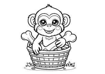 Adorable Baby Monkey in a Basket – Black and White Outline Drawing for Kids' Coloring Pages, Jungle Animals, and Printable Clipart