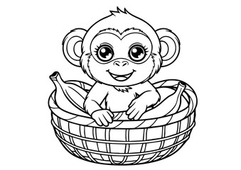 Adorable Baby Monkey in a Basket – Black and White Outline Drawing for Kids' Coloring Pages, Jungle-Themed Art, and Printable Clipart