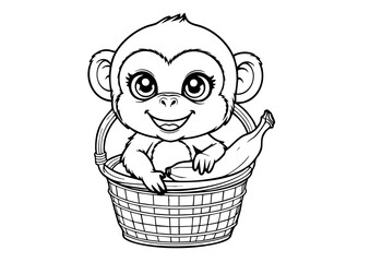 Adorable Baby Monkey in a Basket – Black and White Outline Drawing for Kids Coloring Pages, Clipart, and Cute Animal Sketch