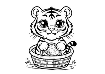 Adorable Baby Tiger in a Basket – Black and White Outline Drawing for Kids Coloring Pages, Clipart, and Cute Animal Sketch