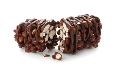 Pieces of delicious chocolate puffed rice bar isolated on white