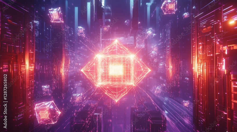 Aufkleber complex geometric shapes emitting vibrant light float within a futuristic cyberspace corridor, creat