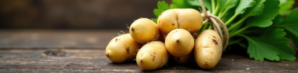 Bundle of freshly picked potatoes tied with twine, potatoes, rustic, garden