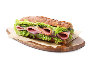 Baguette sandwich with ham isolated on white