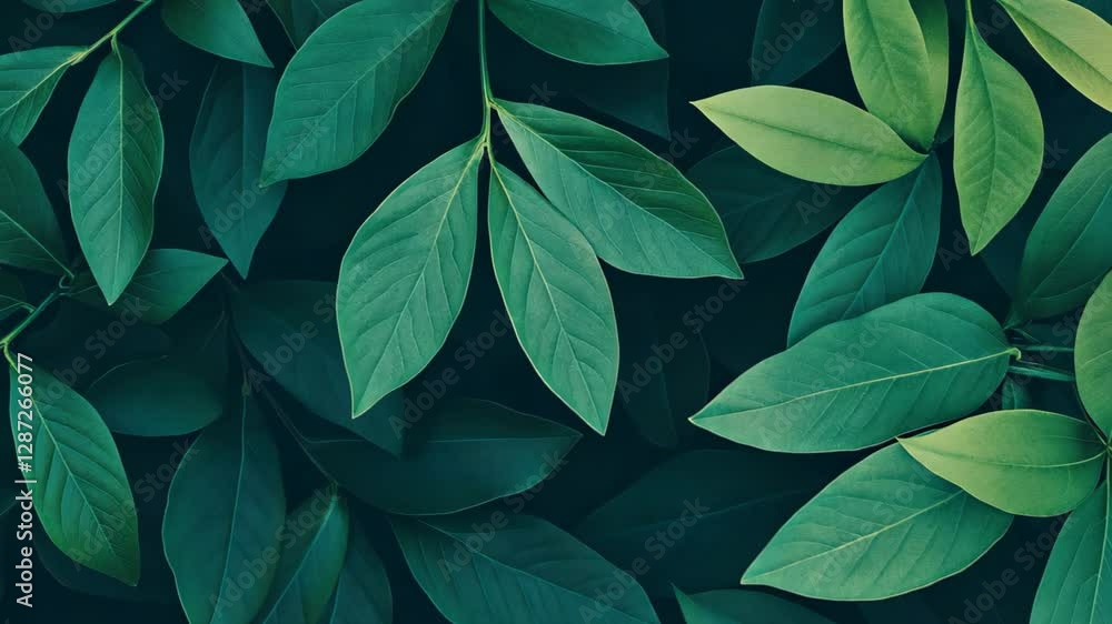Poster close-up of green leaves overlapping on a dark background. nature photography for design and print. 