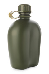 One green plastic canteen isolated on white