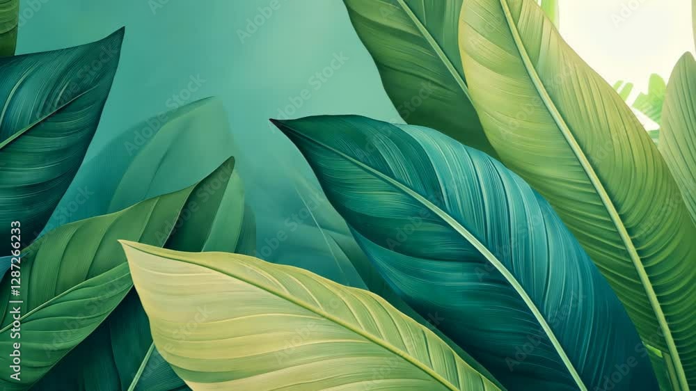 Poster lush tropical overlapping leaves with shadows in deep greens and blues creating a calming natural sc