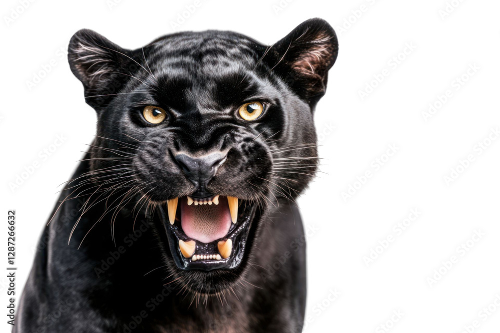 Poster black panther with fierce expression and sharp teeth on transparent background