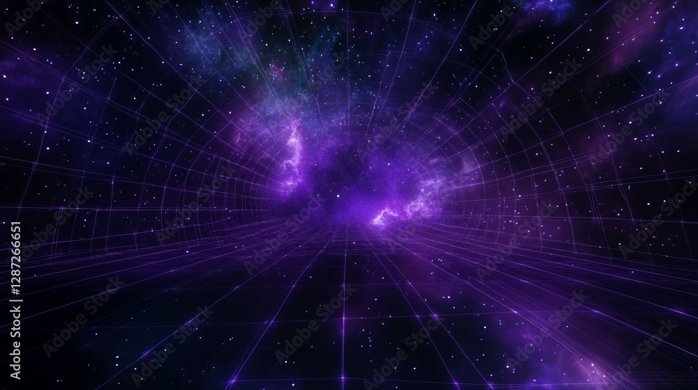 Poster abstract cosmic grid tunnel with glowing nebula in purple and stars creating a surreal space landsca