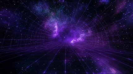 Fototapeta premium Abstract cosmic grid tunnel with glowing nebula in purple and stars creating a surreal space landscape