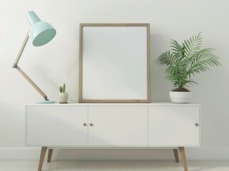 A white sideboard with a lamp. a framed poster. and a plant
