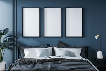 Minimalist bedroom interior with three empty frames above a bed