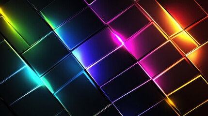Abstract colorful neon glowing rectangles on dark background.