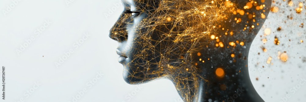 Poster Exploration of artificial intelligence through a neural network profile with glowing synapses representing cybernetic connections. Generative AI