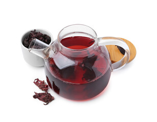 Delicious hibiscus tea in glass teapot and dry roselle sepals isolated on white