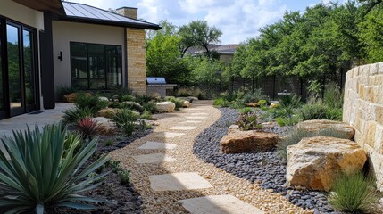 Obraz premium Modern Backyard Oasis: Serene Landscaping Design with Stone Pathway
