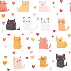 Seamless Pattern Watercolor Ethereal Watercolor Petals, Playful cats surrounded by hearts cute pattern design whimsical style digital art flat perspective love concept