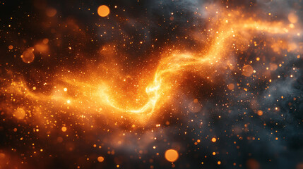 Fototapeta premium Abstract Fiery Swirl with Golden Bokeh Lights and Dark Backgrounds Description Abstract swirling fiery energy with sparks and bokeh lights on a dark background. The fiery stream is orange and yellow