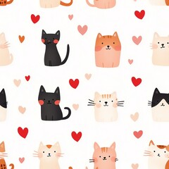 Seamless Pattern Watercolor Ethereal Watercolor Petals, Cute cat patterns digital design illustrative art cozy home top view playful love themes