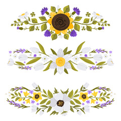 Set of floral branches, wreath, frame. Various types of realistic and abstract flowers, green leaves. Vector arrangements for greeting card, wedding invitation card, logo, site, banner, print, poster