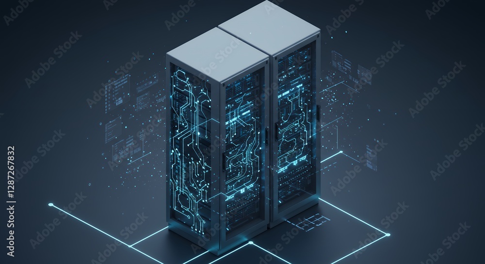 Poster data servers with glowing circuitry network, modern data center concept