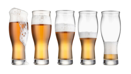 Drinking beer process. From full to empty glass on white background, step-by-step collage