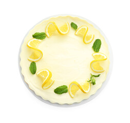 Delicious lemon cheesecake with mint isolated on white, top view