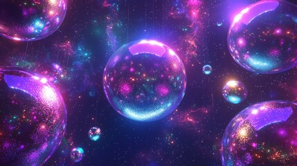Disco ball floating in deep space, surrounded by neon-hued planets shaped like mirror balls, shimmering cosmic reflections, retro-futuristic pop art aesthetic