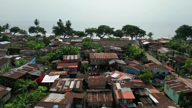 Flying over the community in Ribeira Afonso,towards the sea. S&atilde;o Tom&eacute; e Principe,Africa