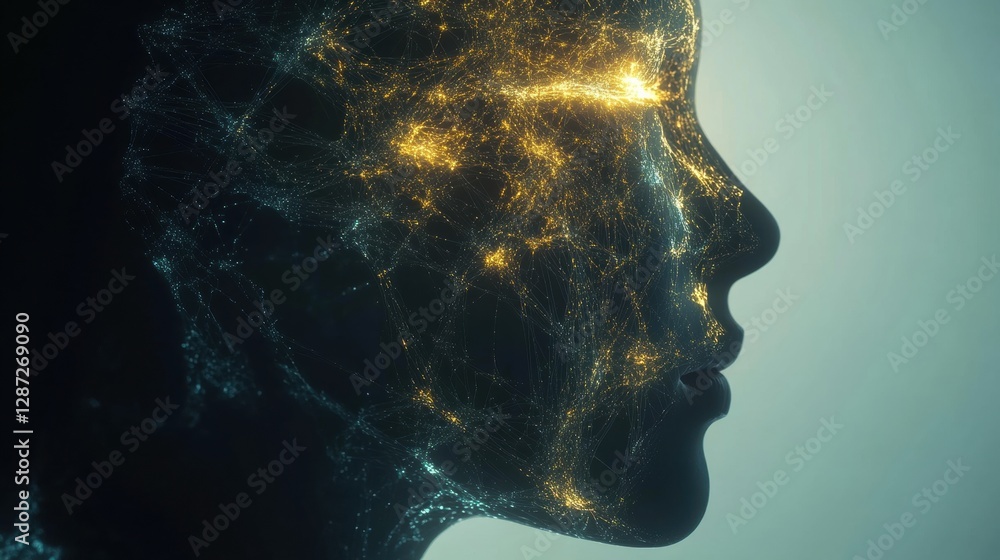 Poster Head profile showcasing intricate neural connections with glowing synapses illustrating artificial intelligence and cybernetics. Generative AI