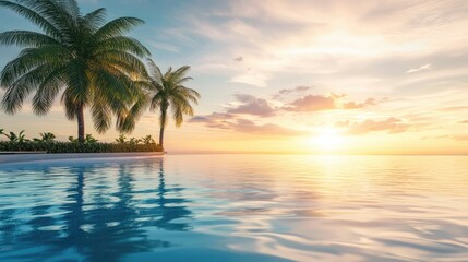 Obraz premium Sunset Paradise: Palm Trees Reflecting in a Tranquil Pool