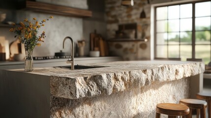 Rustic kitchen island with stone countertop and wooden stools