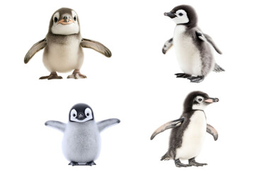 Obraz premium Four penguin chicks with gray and black feathers on a transparent background looking at the camera, different poses