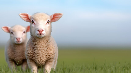 Naklejka premium Two lambs in green pasture, spring day. Stock photo for agriculture