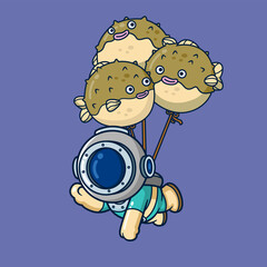 Cute Diver Holding Puffer Fish Balloon Cartoon