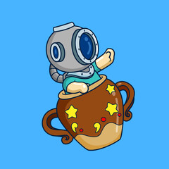 diver come out of a very large brown pot