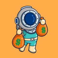 diver carrying two bags of money