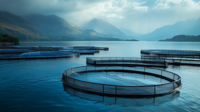 Scenic Highland Loch with Multiple Fish Farm Enclosures, Sustainable Aquaculture Landscape, Aerial View of Circular Fish Pens, Tranquil Lake in Scotland, Eco-Friendly Seafood Farming, Nature Panorama