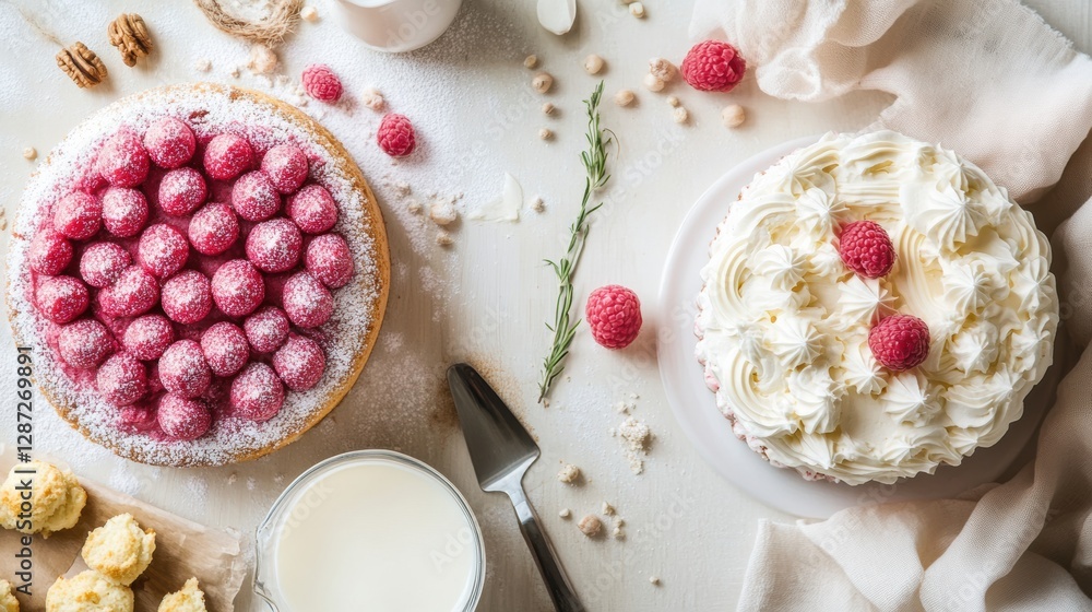 Poster delicious dessert table featuring raspberry cakes and cream on a light background with garnishes. ge