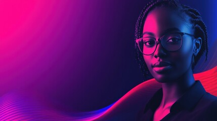 Modern portrait of a young woman in glasses with vibrant background colors showcasing technology and creativity. Generative AI
