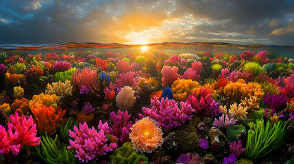 Fototapeta premium Illustration - Vibrant Coral Reef at Sunset, Colorful Ocean Scene