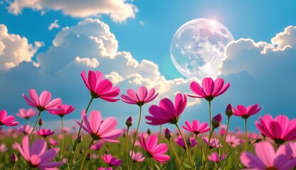 Fototapeta premium Colorful pink flowers bloom under a bright moon against a backdrop of fluffy clouds in a serene field