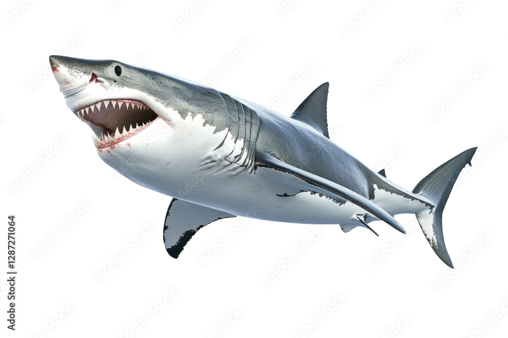 Poster close up of a generic shark with open mouth isolated on transparent background. high detail of skin 